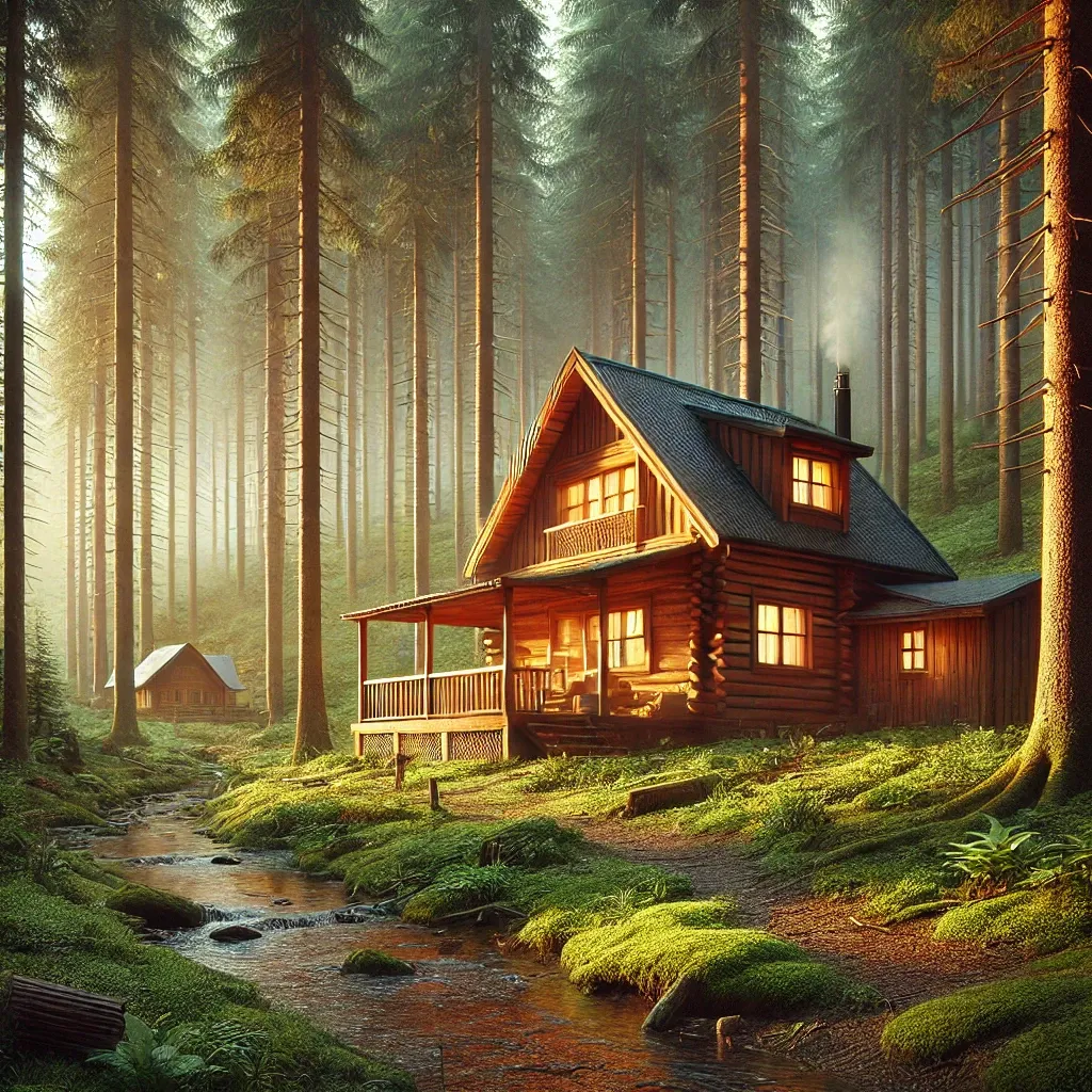 A warm timber cabin in a quiet forest beside a flowing stream